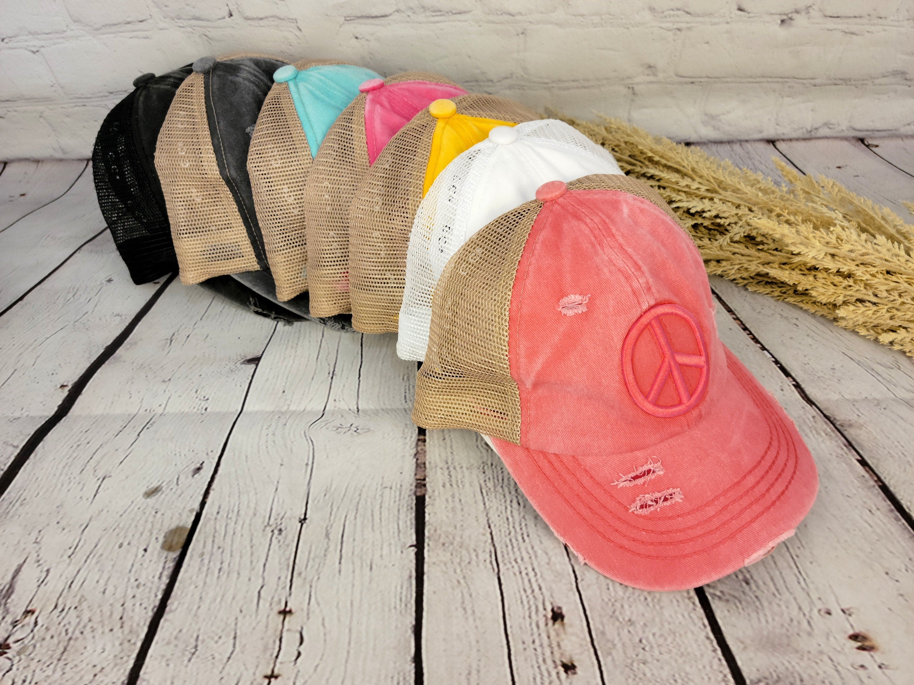 #702-L Distressed Embroidered Peace Sign Criss Cross High Pony Ball Cap Hat Fashion Forward Distressed Embroidered Peace Sign Criss Cros main image 3