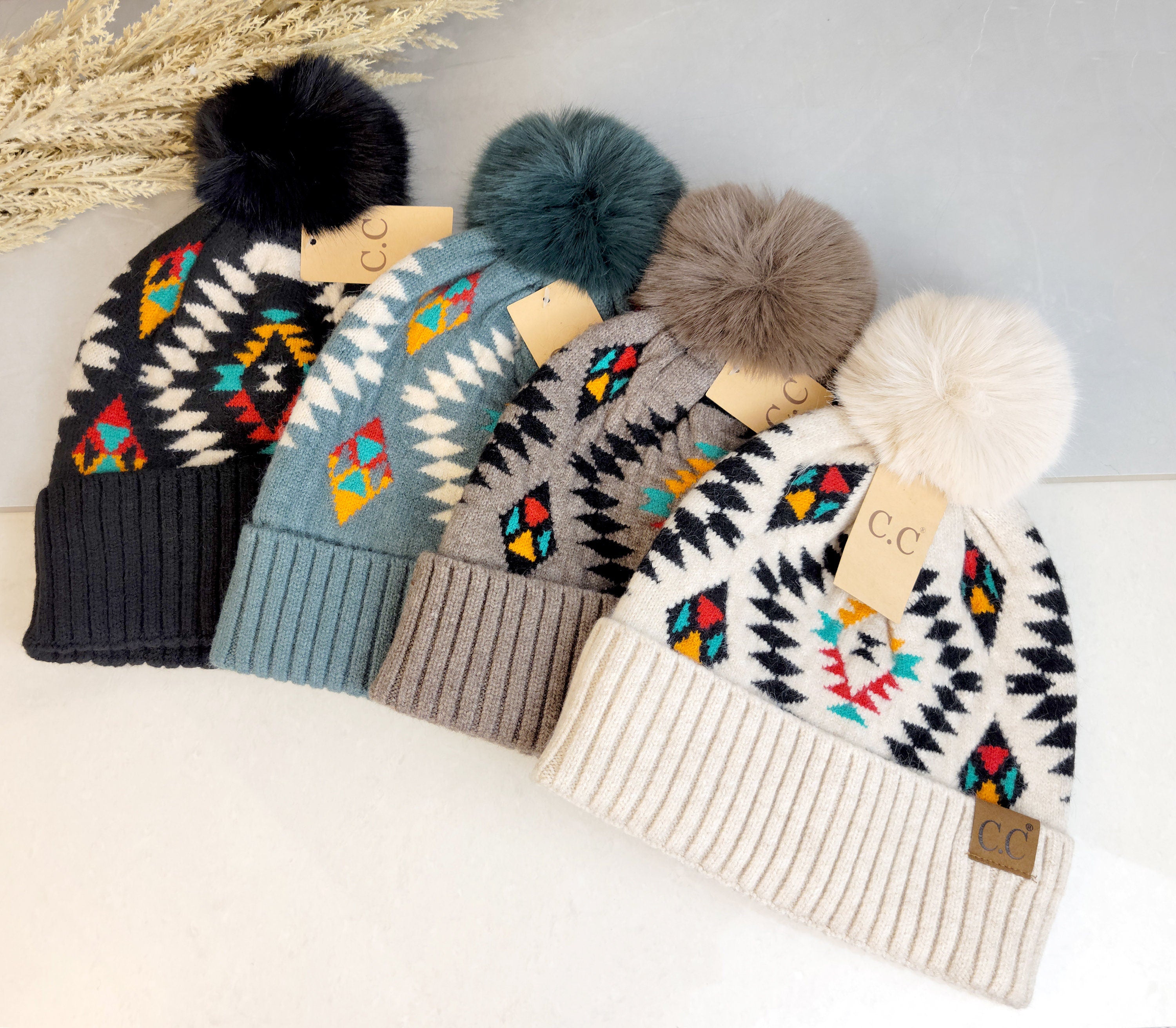 C.C Aztec Pattern Hat With Soft Faux Fur Pom, Black Aztec Beanie With Faux Fur Pom - C.C Winter Hat - Etsy main image 2